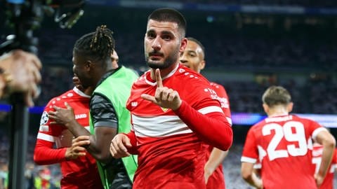 VfB-Stürmer Deniz Undav nach seinem Treffer zum 1:1 im Champions-League-Spiel gegen Real Madrid