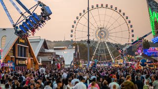 Abendliches Treiben auf der Hauptachse: In Stuttgart findet 2024 zum 177. Mal das Volksfest auf dem Cannstatter Wasen statt.