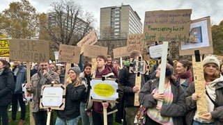 Hunderte Studierende treffen sich in Stuttgart, um mit Pfeiffen und Plakaten gegen die neue Hochschulfinanzierung zu protestieren.