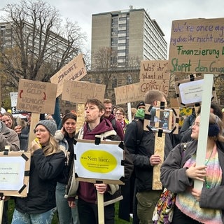 Hunderte Studierende treffen sich in Stuttgart, um mit Pfeiffen und Plakaten gegen die neue Hochschulfinanzierung zu protestieren.