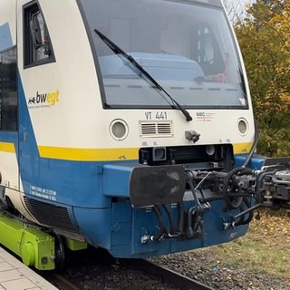 Die beiden modernen Triebwagen der Wieslauftalbahn, also des "Wiesel", werden von Rudersberg im Rems-Murr-Kreis zur Reparatur auf einem Spezialzug abtransportiert. Die Züge waren bei den Überflutungen infolge des Starkregens im Frühjahr stark beschädigt.