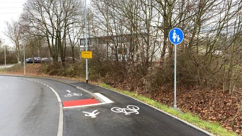 Verwirrende Markierung auf einem Radweg, der auf einen Gehweg führt, während Fußgänger auf die Straße geleitet werden.