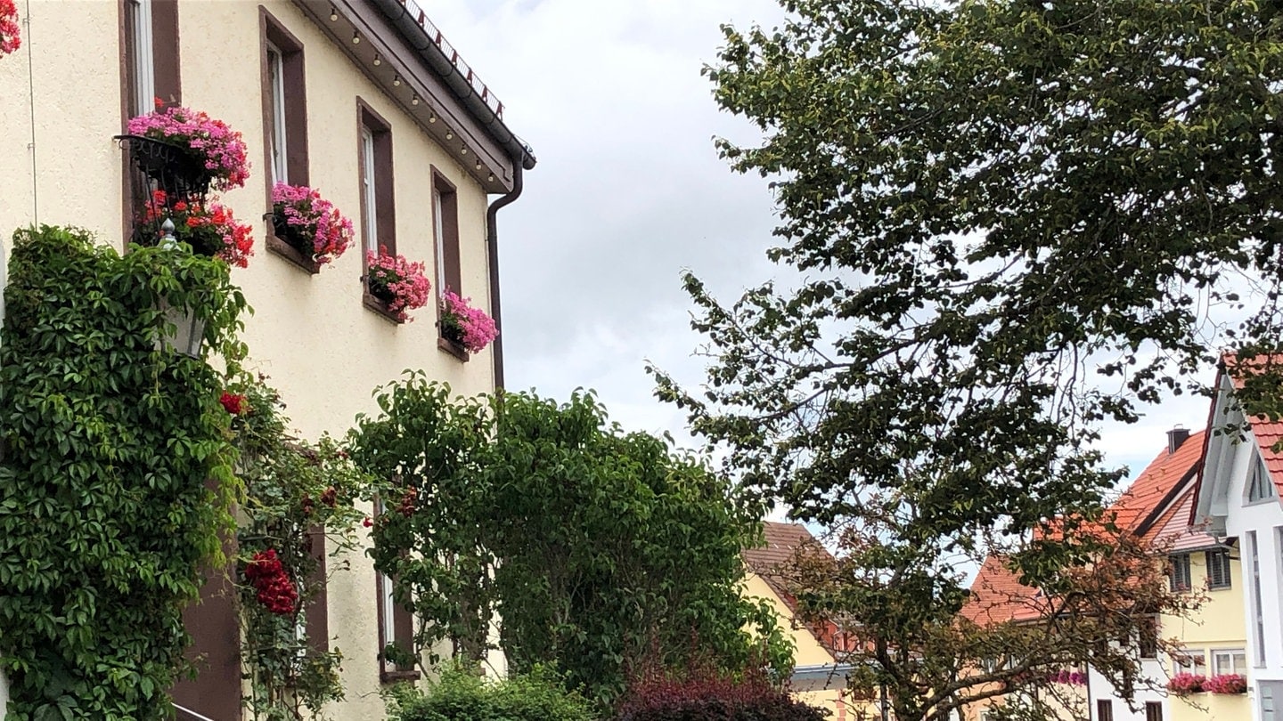 Ein Haus mit Geranienkästen, im Hintergrund ebenfalls blumengschmückte Häuser.