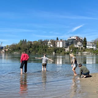 Die ersten Schritte im Rhein in diesem Jahr - für diese Kids in Rheinfelden geht es an diesem heißen April-Wochenende ins Wasser.
