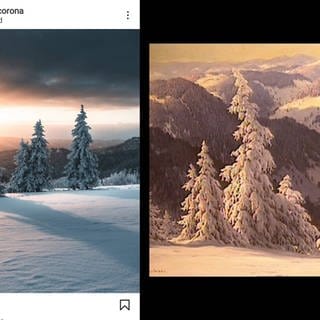 Verschneite Landschaft: Instagram-Post von Michael Corona und Ölgemälde von Karl Hauptmann