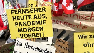 Plakate von Coronaleugnern und Impfskeptikern bei einer Demonstration in Freiburg