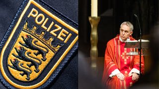 Ein zweigeteiltes Bild: Das Wappen der baden-württembergischen Polizei neben Georg Gänswein.