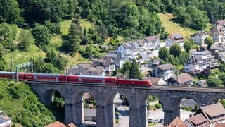 Die Schwarzwaldbahn, ein beliebter Zug, unterwegs auf einer traumhaft schönen Strecke (hier bei Hornberg im Ortenaukreis).