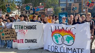 Schülerinnen und Schüler demonstrieren mit Plakaten für Klimaschutz.