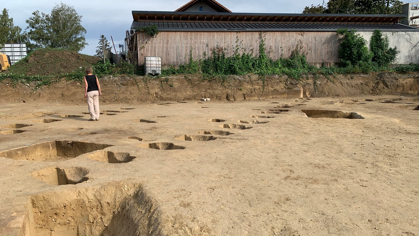 Eine Frau läuft in Endingen über eine Grabungsstätte. Im Boden sind Gruben. Ein Haus aus der Steinzeit wurde gefunden.