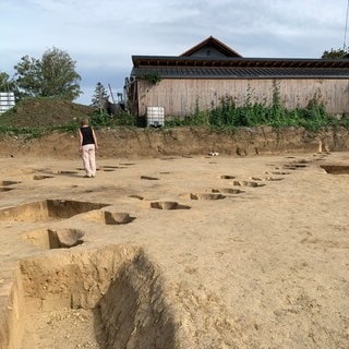 Eine Frau läuft in Endingen über eine Grabungsstätte. Im Boden sind Gruben. Ein Haus aus der Steinzeit wurde gefunden.