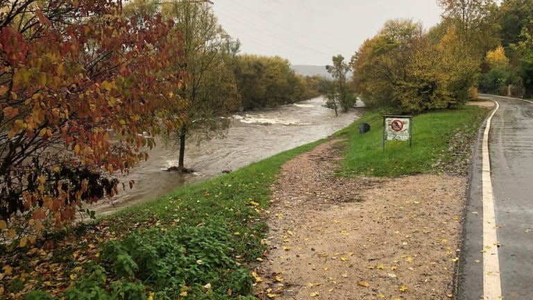 Aufgrund des Dauerregens hat der Fluss Wiese in Lörrach Hochwasser.