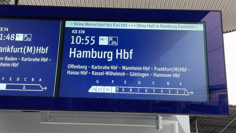 Zuganzeige im Freiburger Hauptbahnhof