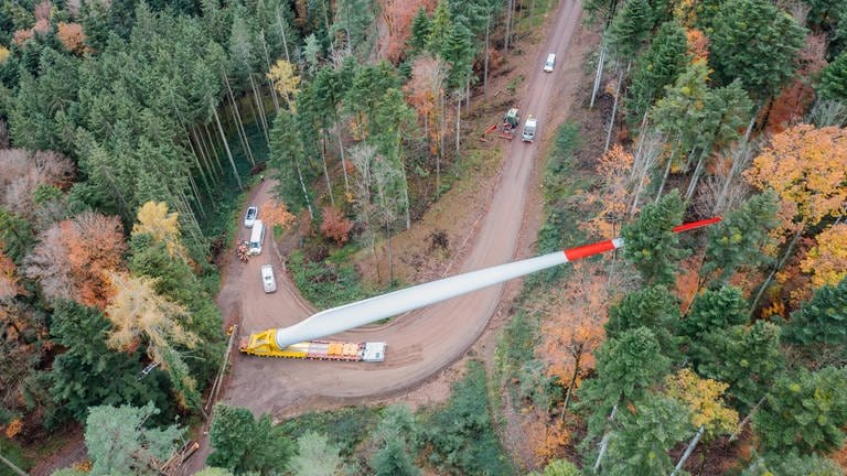 Mehrere enge Kurven muss der Rotorblatt-Transport auf dem Weg zum Kallenwald passieren.