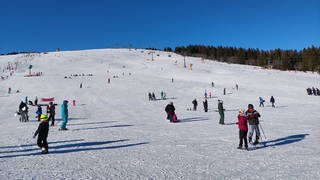 Skifahrerinnen und Skifahrer toben sich auf der Piste Feldberg Seebrugg aus.