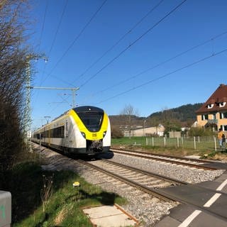 Ein Zug der Höllentalbahn überquert einen Bahnübergang.