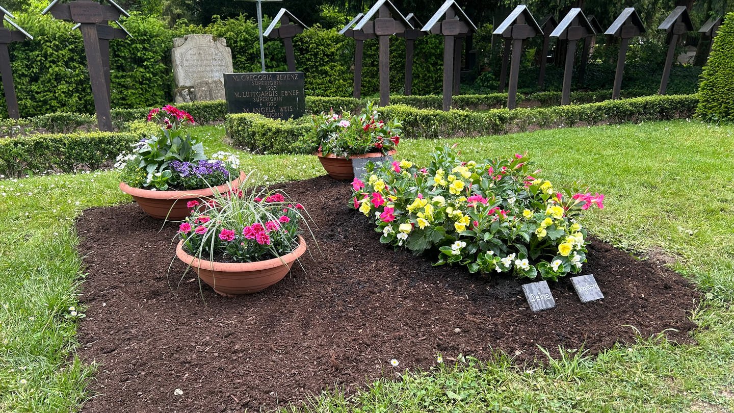 Wieder frische Blumen auf dem Grab des verstorbenen Bundespolitikers Wolfgang Schäuble: Unbekannte hatten das Grab geschändet und ein metertiefes Loch hineingegraben.