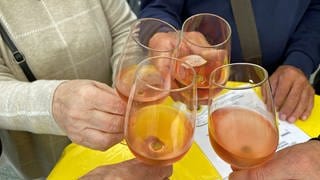 Vier Menschen prosten sich mit vier Weingläsern zu