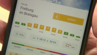 Auf einem Handydisplay ist der UV-Index für Freiburg als Grafik dargestellt.