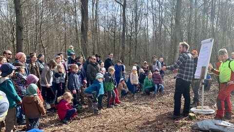 Gruppe steht mit Flipchart im Wald 