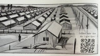 Das Internierungslager Gurs in schwarz-weiß gezeichnet
