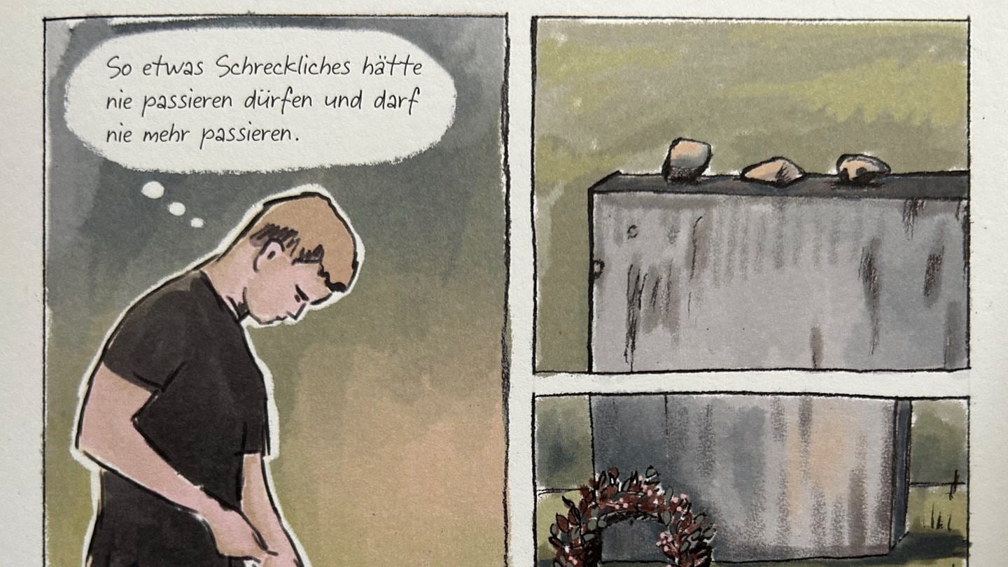 Schüler gedenkt der Opfer in Gurs. Eine Szene aus der Graphic Novel.