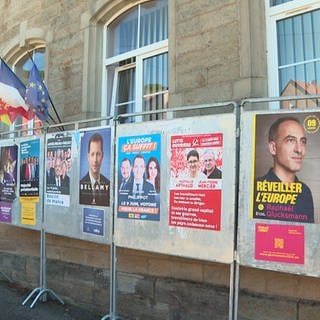 Vor einem Gebäude hängen mehrere Plakate von Partien und Politikerinnen und Politikern.