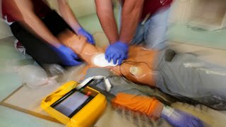 Ersthelfer üben die Reanimation mit Defibrillator an einer Puppe