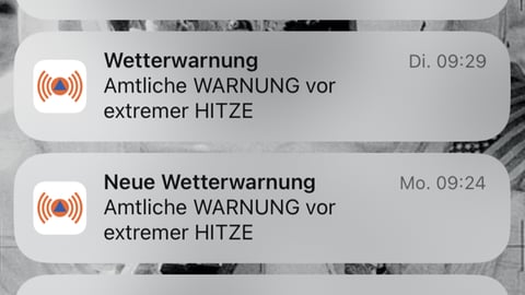 Wetterwarnung der NINA-Warnapp vor "extremer Hitze" in Südbaden Ende Juli 2024