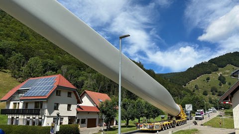 Ein Rotorblatt für ein Windrad wird auf einem ferngesteuerten Selbstfahrer durch den Schwarzwald navigiert. 