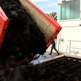 Ein roter Lastwagen kippt den braunen Klärschlamm in ein Behältnis am Boden.