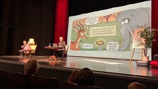 Auf einer Theaterbühne trägt ein Mann ein Comic für Kinder vor.