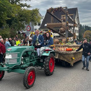 Zwei Teilnehmer des Erntedankfestumzugs in Brigachtal sitzen auf einem Traktor, der einen großen Festwagen zieht.