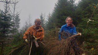 Christoph und Heike Schmeding aus Kirchzarten tragen die gefällten Bäume aus dem Wald.