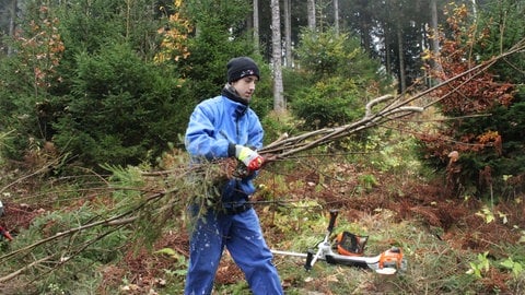 Schüler Leon Nakonieczny trägt Äste aus dem Wald zur Sammelstelle.