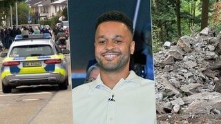 Ein Polizeiwagen auf einer Straße, Comedian Cossu lacht und Felsbrocken liegen im Wald.