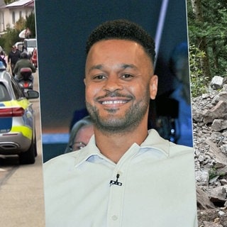 Ein Polizeiwagen auf einer Straße, Comedian Cossu lacht und Felsbrocken liegen im Wald.