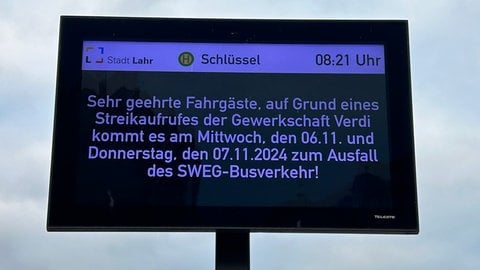 Eine Anzeige an einer Haltestelle in Lahr im Ortenaukreis. Am Mittwoch und Donnerstag streiken die Mitarbeitenden des ÖPNV in BW.