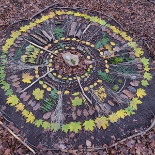 ein Mandala, gelegt aus buntem Herbstlaub