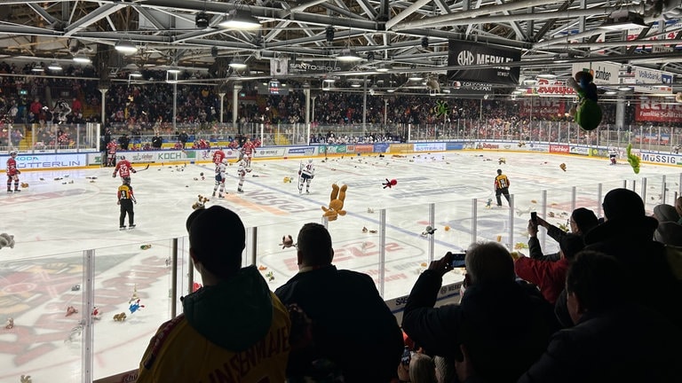 Beim EHC Freiburg haben Fans Teddybären geschmissen.