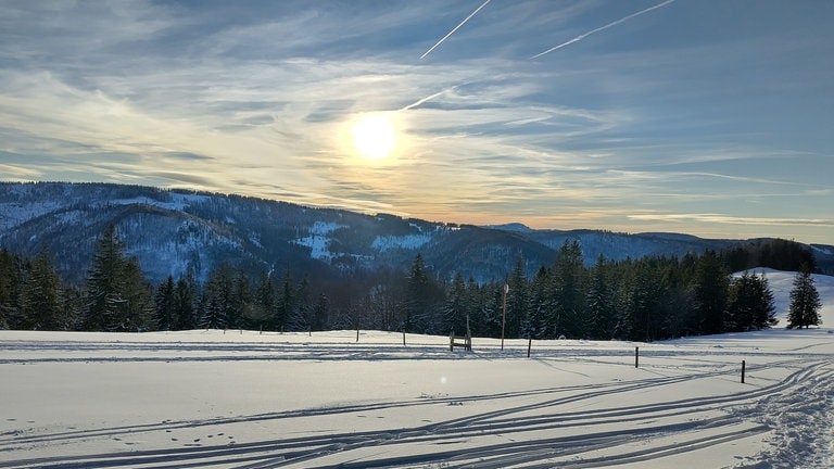 Winterlandschaft in der Sonne - Skifahrer haben ihre Spuren bereits hinterlassen