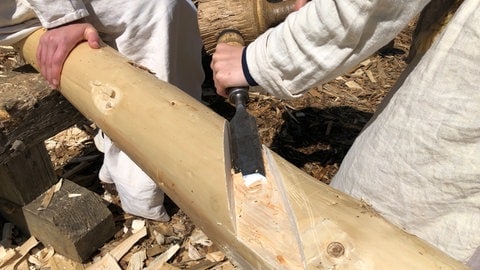 Der Balken muss für die Holzstrebe auf dem Campus Galli in die richtige Form gebracht werden.