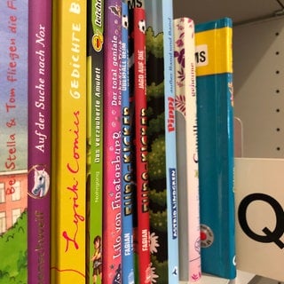 Bunte Kinderbücher im Einkaufszentrum für Bibliotheken in Reutlingen.