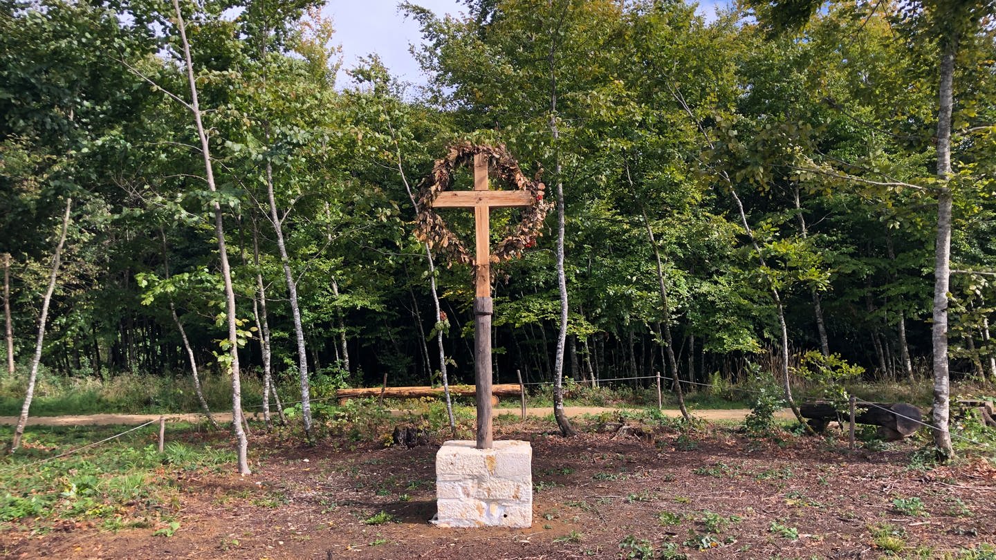 Auf der gerodeten Waldfläche auf dem Campus Galli steht das Holzkreuz