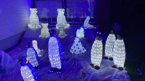 leuchtende Eisbären und Pinguine am Weihnachtshaus