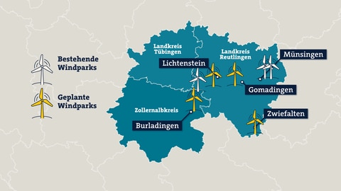 Bereits bestehende und geplante Windparks in der Region Neckar Alb. 