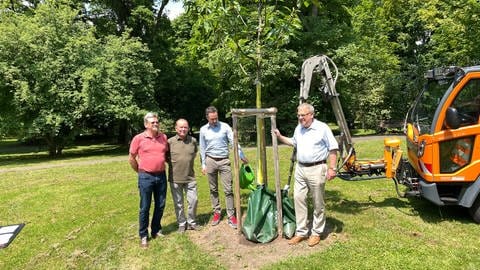 Reutlingens Oberbürgermeister Thomas Keck (SPD) und Mitglieder der "Initiative lebenswerte Oststadt" an einem frisch gepflanzten Baum
