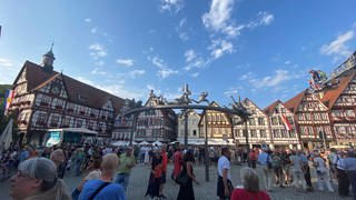 Auf dem Marktplatz von Bad Urach steht jetzt eine Skulptur von Peter Lenk - die Schäferlauf-Skulptur. Viele Menschen kamen zur Enthüllung.
