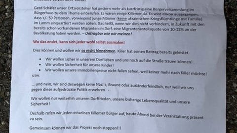 Das Bild zeigt ein anonymes Flugblatt gegen eine weitere Asylbewerberunterkunft in Burladingen-Killer. Darin heißt es, man wolle noch sicher im Dorf leben und sich auf die Straße trauen können.