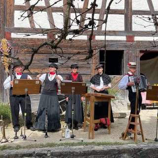 Musiker und Sänger machen Stimmung beim 25. Volksmusiktag im Freilichtmuseum Neuhausen ob Eck (Kreis Tuttlingen)
